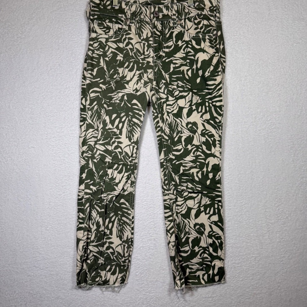 Pilcro High-Rise Bootcut Jeans Womens 26P Green Botanical Leaf Print Raw Hem